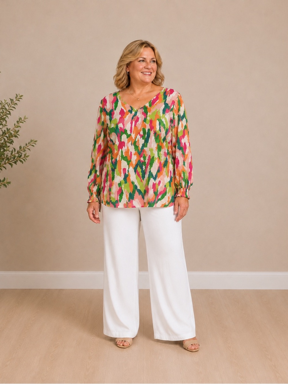 Belle by Kim Gravel 2X Abstract Print Rayon Knit Top Smocked Elastic Cuffs